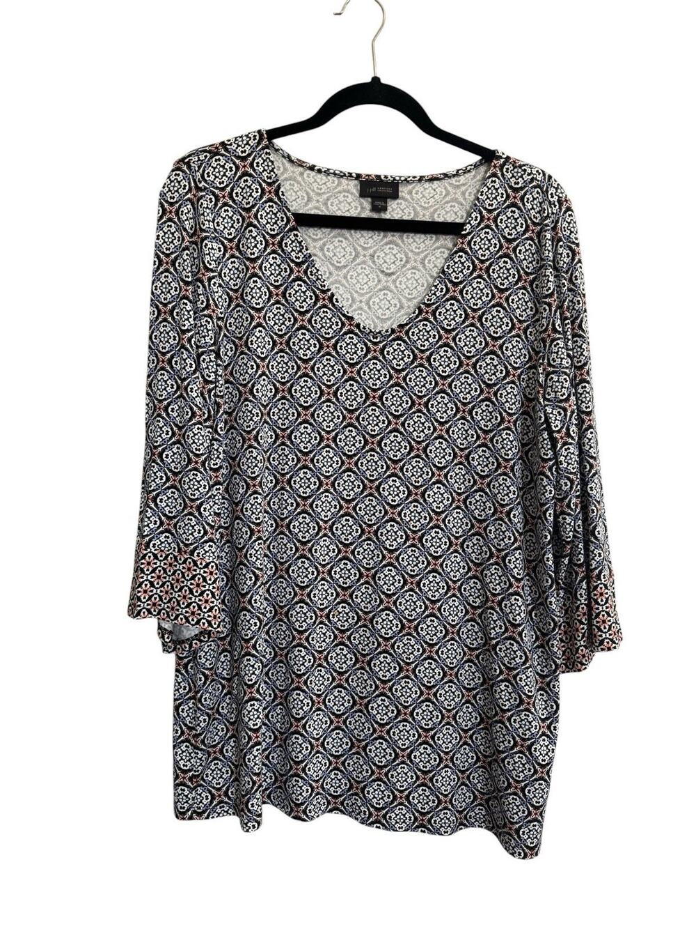 J Jill Wearever Top Womens Medium Blue Pink Mosaic Tunic 3/4 Sleeve #7283